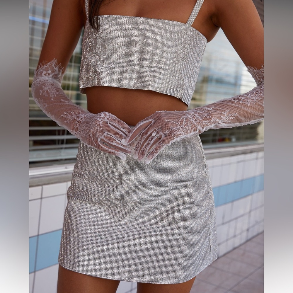 NWT 12th Tribe Shira Silver Rhinestone Mini Skirt